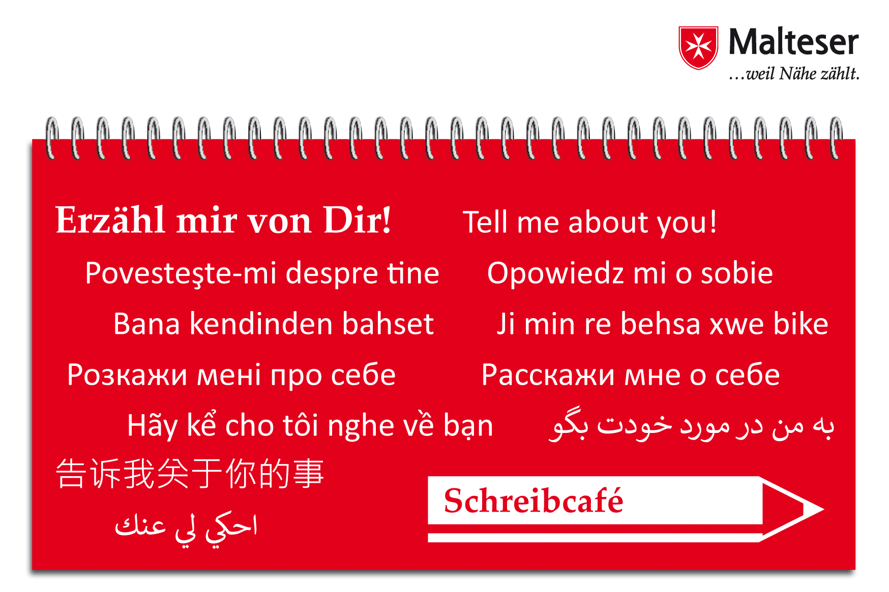 Auf einem Notizblock steht der Satz "Erzähl mir von dir" in verschiedenen Sprachen.