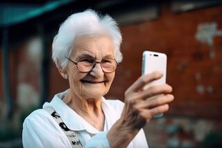 Eine alte Frau blickt auf ein Smartphone.