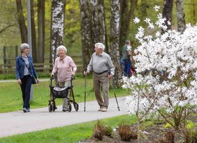 Ein älterer Mann mit Walkingstöcken und eine ältere Frau mit Rollator laufen gemeinsam mit einer weiteren Frau durch einen Park mit Bäumen.